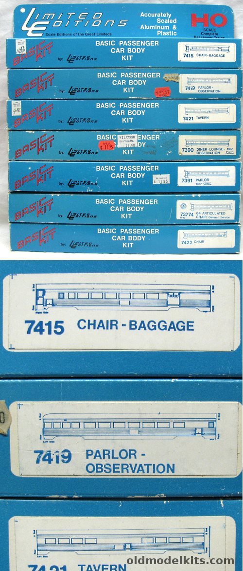 Limited Editions 1/87 #7415 Chair-Baggage Car / #7419 Parlor-Observation Car / #7421 Tavern Car / #73774 64' Articulated Chair Car General Service / #7422 Chair Car / #7390 Diner-Lounge-Observation Car / #7391 Parlor Car - HO plastic model kit